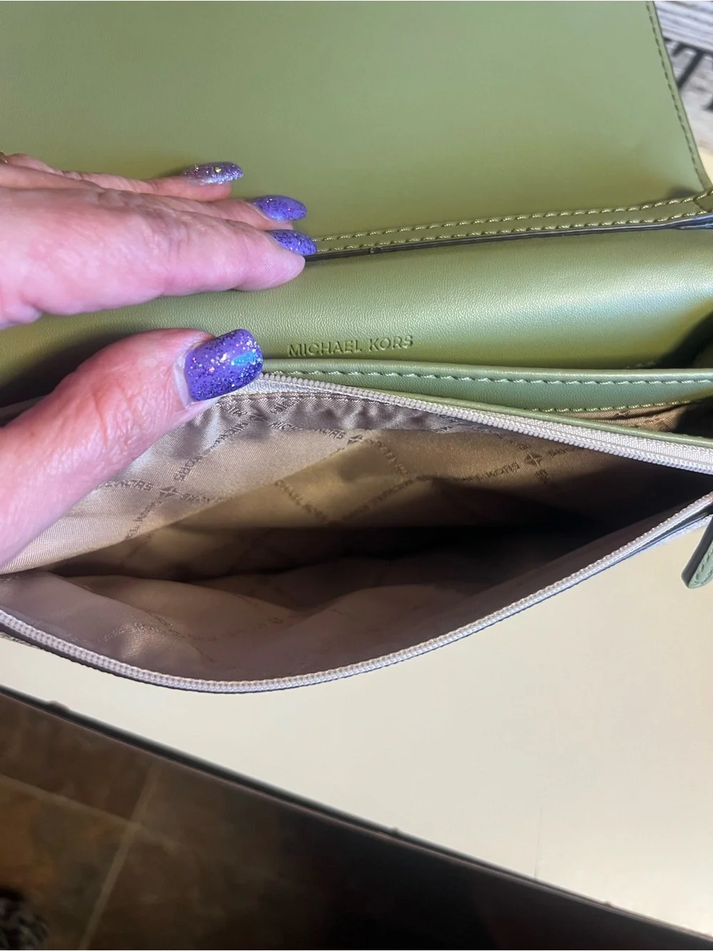 Michael Kors Cream Logo Crossbody Bag with Olive Strap